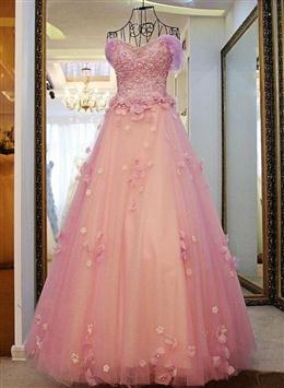 Picture of Pink Off Shoulder Lace Applique Tulle Flowers Prom Dresses, Pink Formal Dresses Sweet 16 Dresses